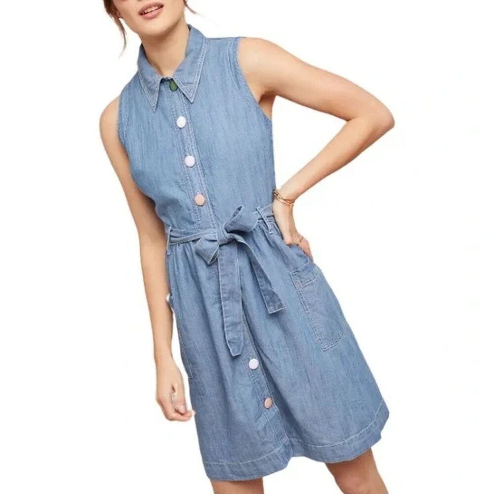 EUC Anthropologie Maeve Elemental Button Denim Chambray Shirt Dress Size 00